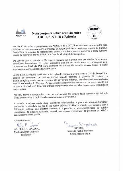 Nota conjunta sobre reunião entre ADUR, SINTUR e Reitoria