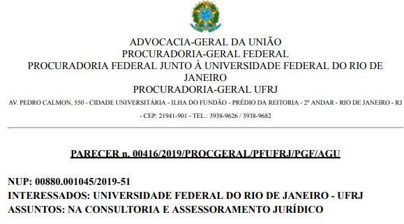 PARECER n. 00416/2019 / PROCGERAL / PFUFRJ / PGF / AGU
