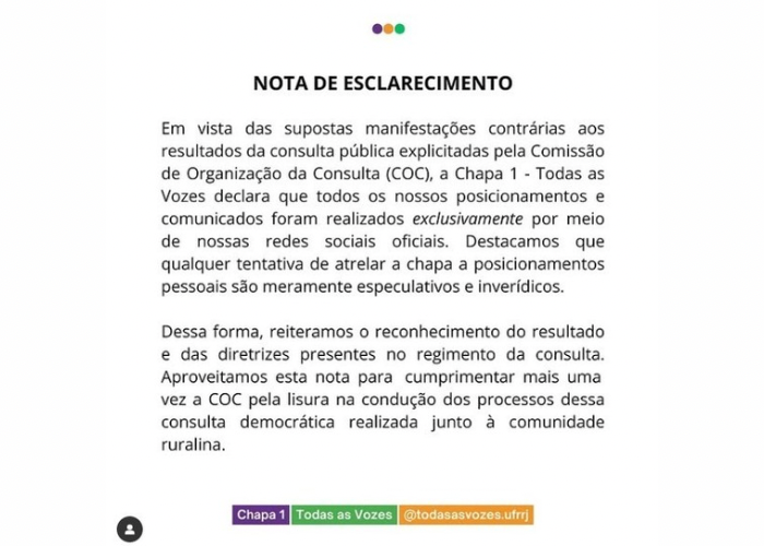 Nota da Chapa 1 – Todas as Vozes reconhecendo o resultado e a legitimidade do processo da Consulta